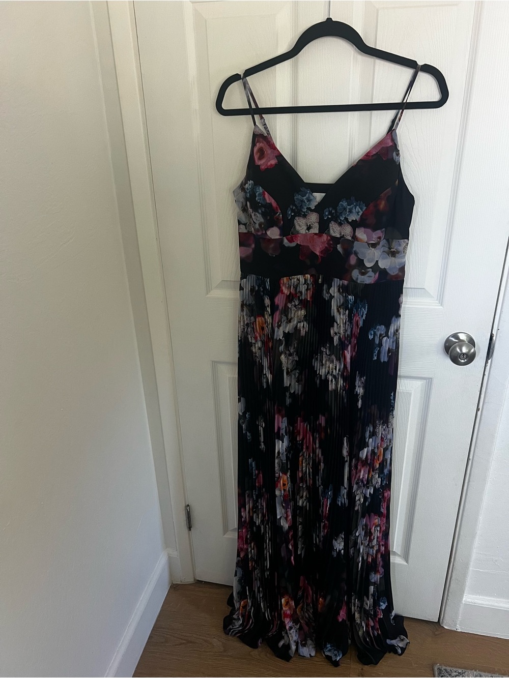 Nicole Miler New York Black Floral Maxi Dress with Pink & Blue Accents‎